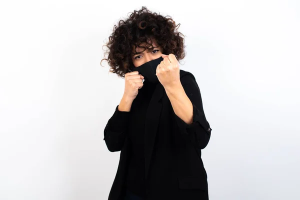 Portrait Attractive Woman Holding Hands Front Him Boxing Position Going — Stock Photo, Image