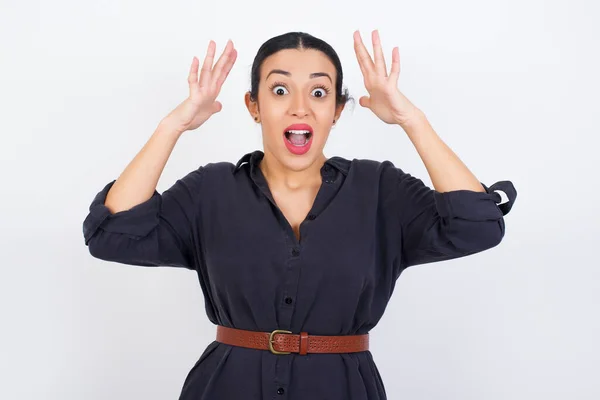 Young Beautiful Arab Woman Wearing Gray Dress White Studio Background — Stock Photo, Image