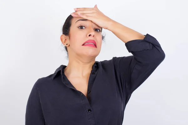 Oops What Did Young Beautiful Arab Woman Wearing Gray Dress — Stock Photo, Image