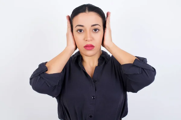 Frustrated Young Beautiful Latin Woman Wearing Dress Plugging Ears Hands — Stock Photo, Image