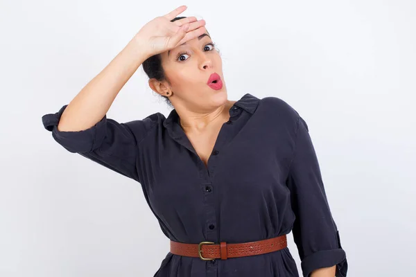 Young Beautiful Latin Woman Wearing Dress Wiping Forehead Hand Making — Stock Photo, Image