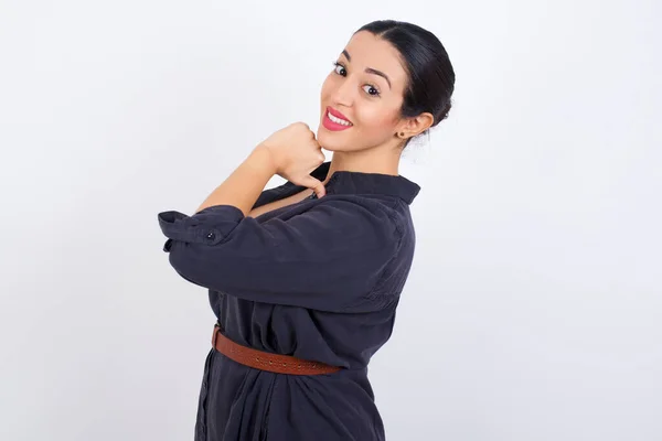 Closeup Cheerful Young Beautiful Latin Woman Wearing Dress Looks Joyful — Stock Photo, Image