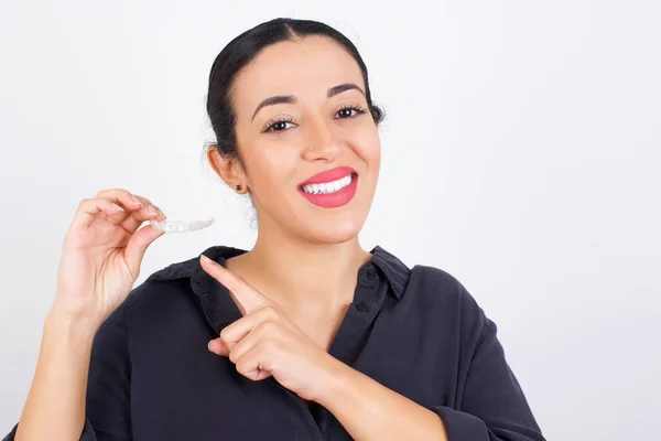 Young Beautiful Latin Woman Wearing Dress Showing Teeth Retainer Isolated — Stock Photo, Image