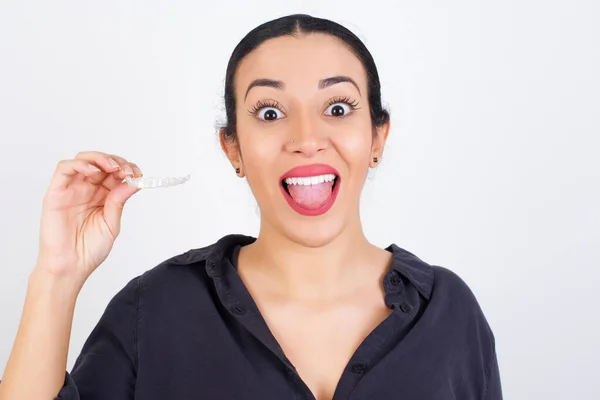 Young Beautiful Latin Woman Wearing Dress Teeth Retainer Isolated White — Stock Photo, Image