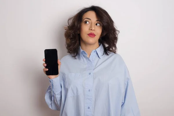 Young Beautiful Businesswoman Wearing Blue Shirt White Wall Smartphone Studio — Stock Photo, Image