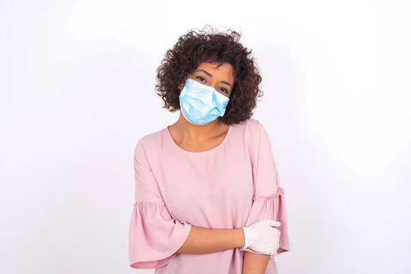 Young Woman Face Mask Happy Isolated White Background Protection Infectious — Stock Photo, Image