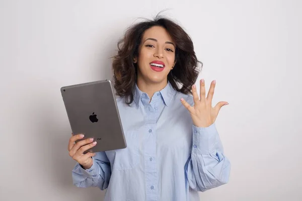 Young Beautiful Businesswoman Wearing Blue Shirt White Wall Tablet Studio — Stock Photo, Image