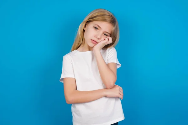 Very Bored Beautiful Caucasian Girl Wearing Shirt Holding Hand Cheek — Stock Photo, Image