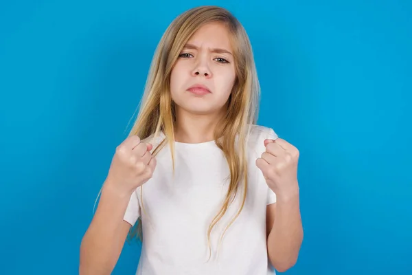 Displeased Annoyed Beautiful Caucasian Girl Wearing Shirt Clenches Fists Gestures — Stock Photo, Image