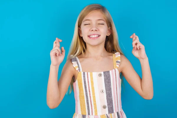 Joyful Beautiful Caucasian Girl Wearing Summer Dress Clenches Teeth Raises — Stock Photo, Image