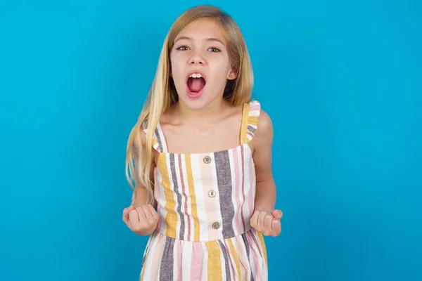 Joyful Excited Lucky Beautiful Caucasian Girl Wearing Dresscheering Celebrating Success — Stock Photo, Image