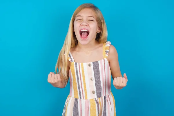 Portrait Beautiful Caucasian Girl Wearing Dress Looks Excitement Camera Keeps — Stock Photo, Image