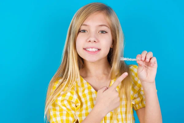 Beautiful Caucasian Girl Wearing Dress Holding Invisible Aligner Pointing Dental — Stock Photo, Image