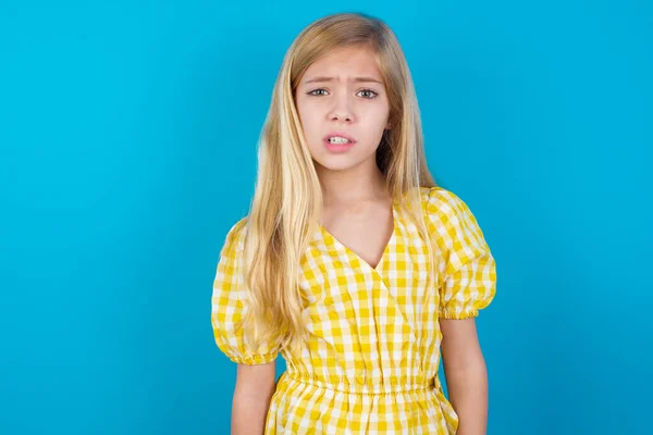 Portrait Dissatisfied Beautiful Caucasian Girl Wearing Dress Smirks Face Purses — Stock Photo, Image