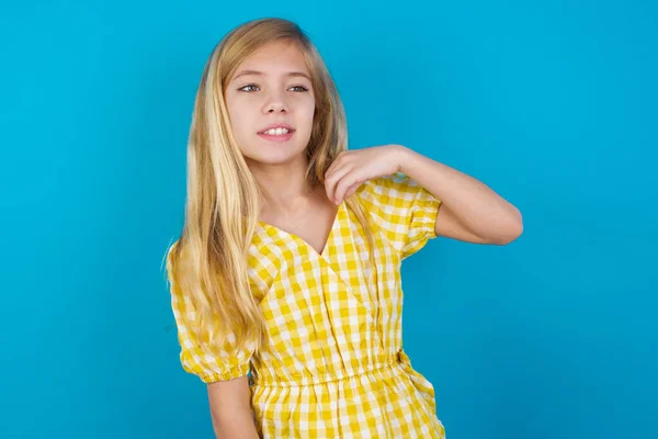 Caucasian Girl Wearing Dress Stressed Anxious Tired Frustrated Pulling Shirt — Stock Photo, Image