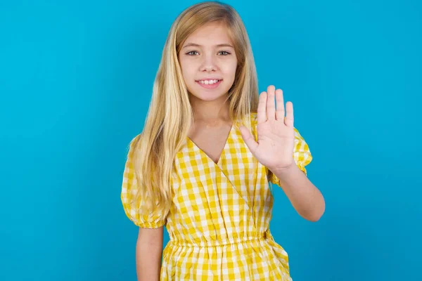 Caucasian Girl Wearing Dress Shows Stop Sign Prohibition Symbol Keeps — Stock Photo, Image