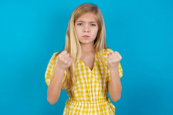 Displeased Annoyed Beautiful Caucasian Girl Wearing Dress Clenches Fists Gestures — Stock Photo, Image