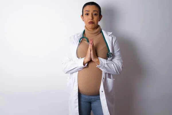 Pregnant Doctor Woman Keeps Palms Pressed Together Front Her Having — Stock Photo, Image