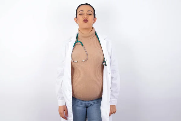 Pregnant Doctor Woman Puffing Cheeks Funny Face Mouth Inflated Air — Stock Photo, Image