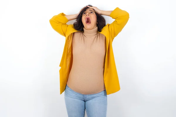 Horrible Stress Shock Portrait Emotional Crazy Pregnant Woman Wearing Yellow — Stock Photo, Image