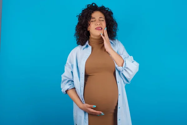 Pregnant Woman Touching Mouth Hand Painful Expression Because Toothache Dental — Stock Photo, Image