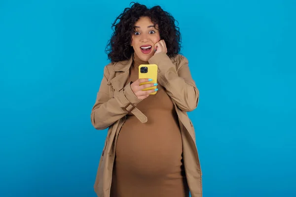 Radostná Těhotná Žena Pózuje Mobilním Telefonem Zařízení Píše Textovou Zprávu — Stock fotografie