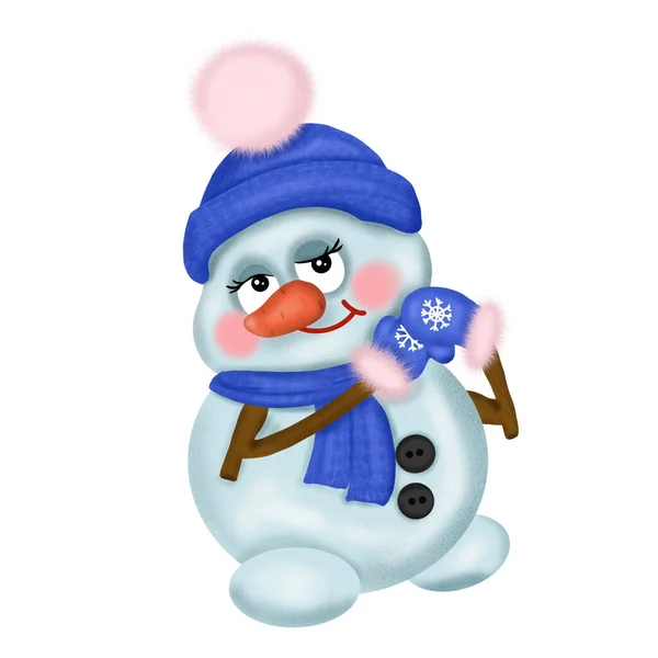 头戴蓝色帽子的雪人是个害羞可爱的雪人 戴着帽子围巾 头戴手套 有着不同的情绪 背景是白色的 — 图库照片