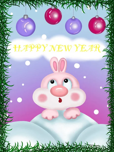 Christmas Card Happy New Year Bunny Looking Colorful Christmas Balls — Stock Photo, Image