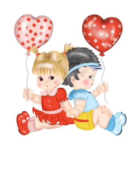 Boy Girl Sit Holding Hands Holding Balls Form Hearts — Stock Photo, Image