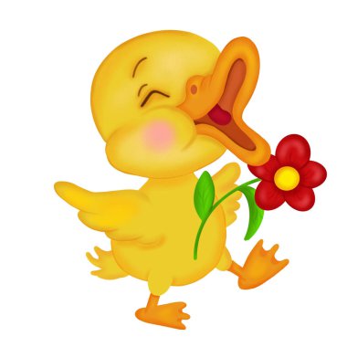 Gözleri kapalı küçük sarı bir ördek yavrusu ve kanatlarında kırmızı bir çiçek gagasını açtı.