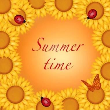 Yazlık kare çerçeveli sarı ayçiçekleri ve yazıtlı uğur kuşları tasarım ve dekorasyon için sarı arka planlı yaz zamanı