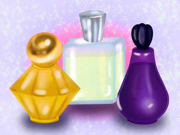 three bottles of perfume in different shapes yellow blue and purple on a pink background