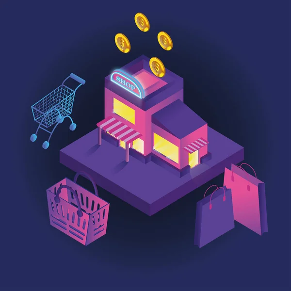 shop cart and shopping basket isometric illustration in blue and purple on a blue background