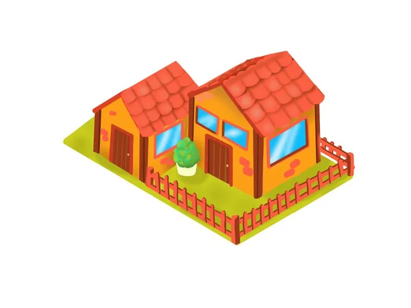 Isometric modern frame house with a red roof on a white background isolated — Stock Photo, Image