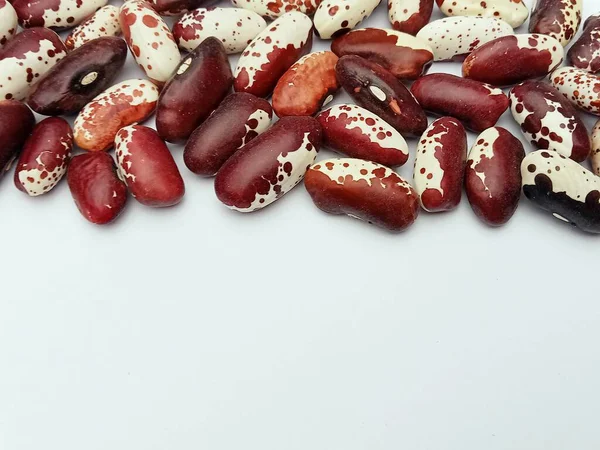 Benekli kırmızı ve beyaz kuru fasulyeler beyaz arka planda üst kenar boyunca sıralanmış. Fotokopi alanı, sağlıklı beslenme ve tarım kavramına sahip en az gıda arkaplanı.