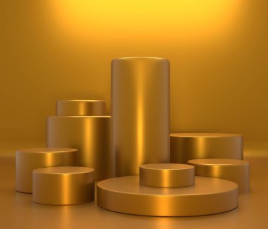Konsept ürün raf altın rengi veya en az modayla canlı moda arka planında boş kaide görüntüsü. 3B görüntüleme