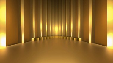 Işık yüzeyi ürün şablonuyla sahnelenmiş altın bir podyum. 3B görüntüleme