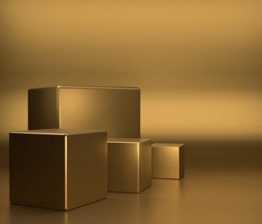 Altın rengi arkaplan üzerine boş podyum. Konsept ürün rafı 3D olarak duruyor..
