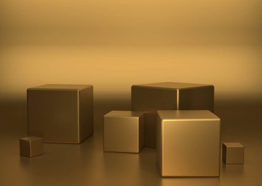 Altın rengi arkaplan üzerine boş podyum. Konsept ürün rafı 3D olarak duruyor..