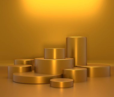 Konsept ürün raf altın rengi veya en az modayla canlı moda arka planında boş kaide görüntüsü. 3B görüntüleme