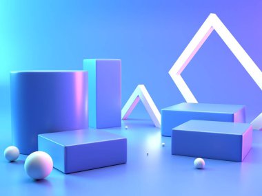 Siyah mavi arka planda ürün sergisi için 3D ahşap podyum. Marka tanıtım ürünü için podyum adımları