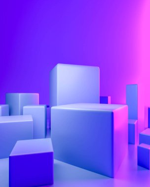 Podyum arka planda mermer, spot ışığı mavi ve mor konseptle duruyor. Tasarım için ürün gösteriminin yayası. 3B görüntüleme.