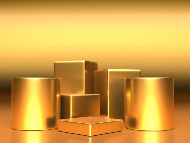 3D görüntü, dijital illüstrasyon. Modern altın rengi arka plan. Soyut geometrik tasarım. Moda konsepti. Marka tanıtım ürünü için podyum