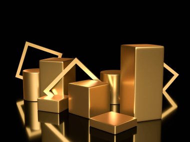 3D görüntü, dijital illüstrasyon. Modern altın rengi arka plan. Soyut geometrik tasarım. Moda konsepti. Marka tanıtım ürünü için podyum
