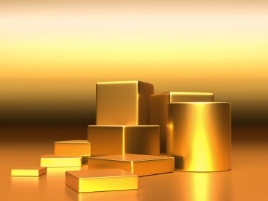 3D görüntü, dijital illüstrasyon. Modern altın rengi arka plan. Soyut geometrik tasarım. Moda konsepti. Marka tanıtım ürünü için podyum