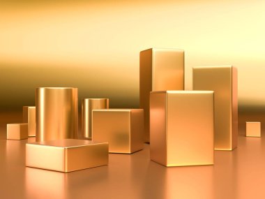 3D görüntü, dijital illüstrasyon. Modern altın rengi arka plan. Soyut geometrik tasarım. Moda konsepti. Marka tanıtım ürünü için podyum