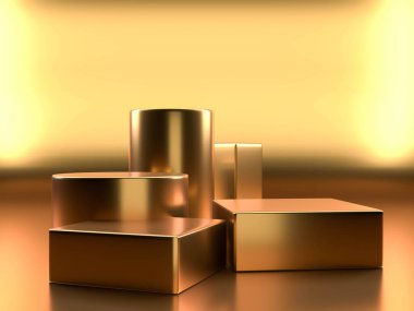 Altın ürün arkaplan standı veya podyum kaidesi boş altın arkaplan üzerinde minimal stil gösterimi. 