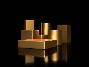 Siyah arka planda farklı yükseklikteki altın boş ürün vitrinleri. Pazarlama ve reklam. 3d oluşturma 