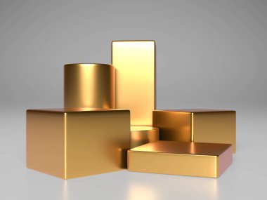 Beyaz arka planda farklı yüksekliklerde boş altın podyum. Pazarlama ve reklam. 3d oluşturma 