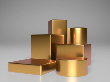 Beyaz arka planda farklı yüksekliklerde boş altın podyum. Pazarlama ve reklam. 3d oluşturma 